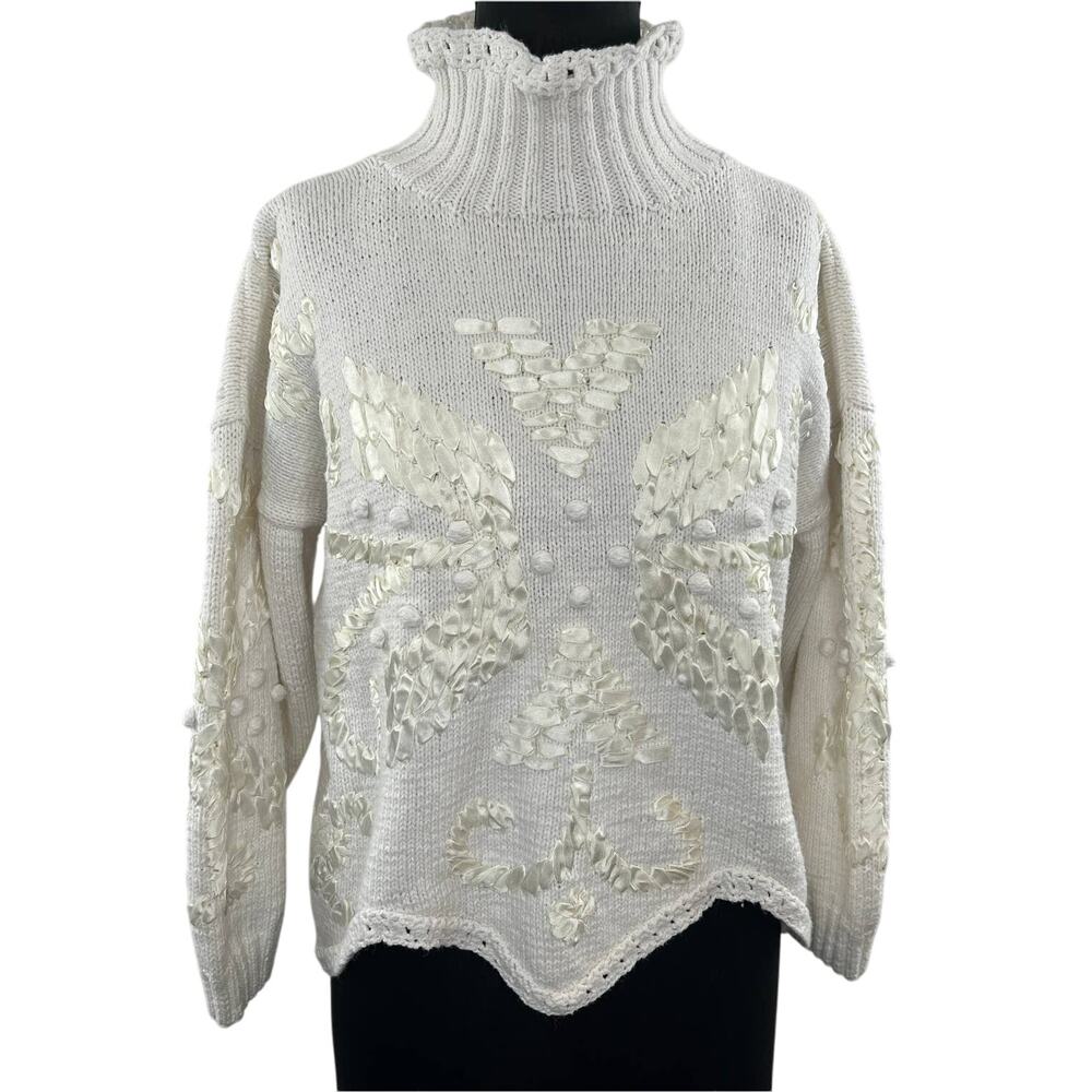 VINTAGE Curio White High Neck Cotton Blend Long Sleeve Ribbon Pullover Sweater S